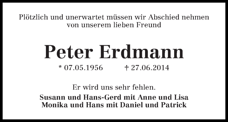 Traueranzeige von Peter Erdmann von Die Norddeutsche