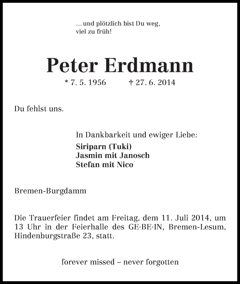 Traueranzeige von Peter Erdmann von Die Norddeutsche