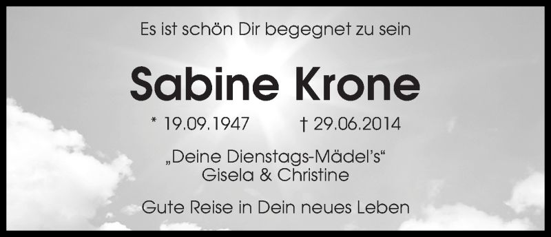 Traueranzeige von Sabine Krone von WESER-KURIER