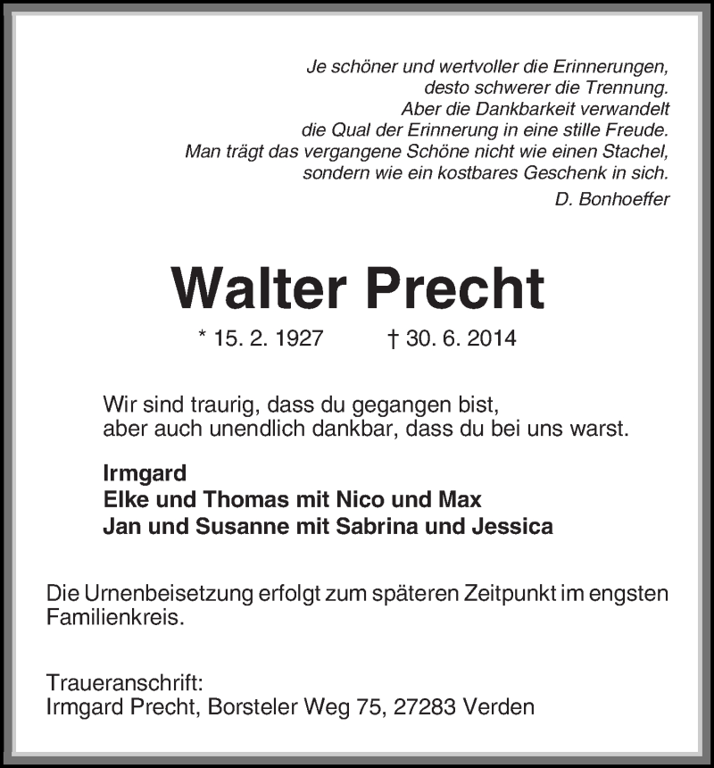 Traueranzeige von Walter Precht von WESER-KURIER