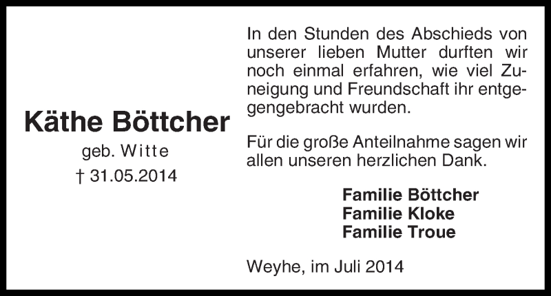 Traueranzeige von Käthe Böttcher von Regionale Rundschau/Syker Kurier