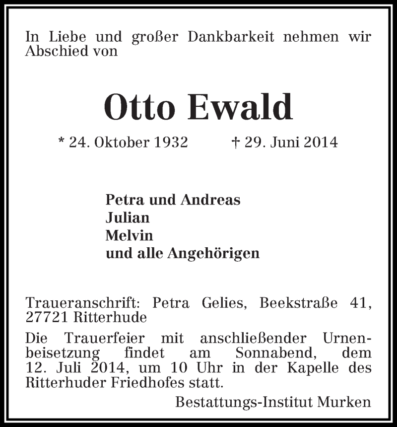 Traueranzeige von Otto Ewald von Osterholzer Kreisblatt