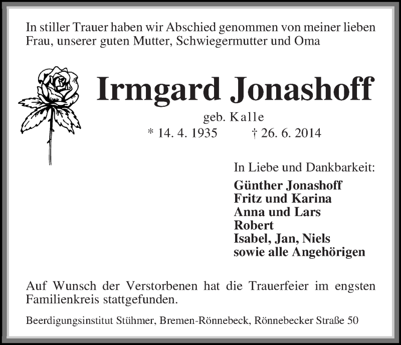 Traueranzeige von Irmgard Jonashoff von Die Norddeutsche