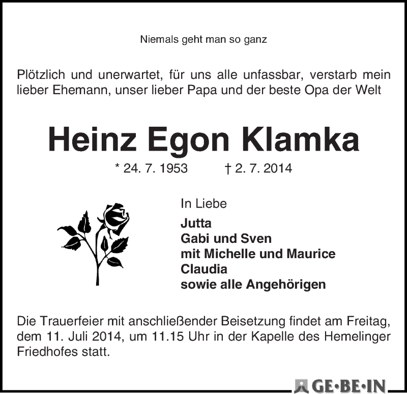 Traueranzeige von Heinz Egon Klamka von WESER-KURIER