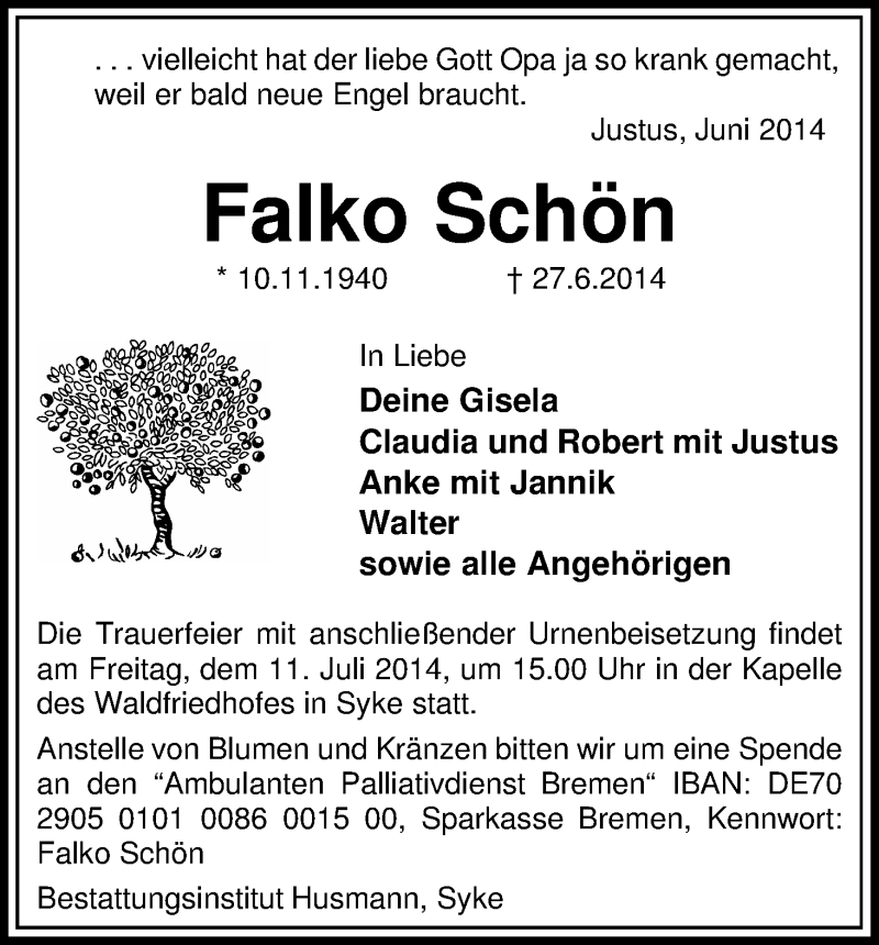Traueranzeige von Falko Schön von WESER-KURIER