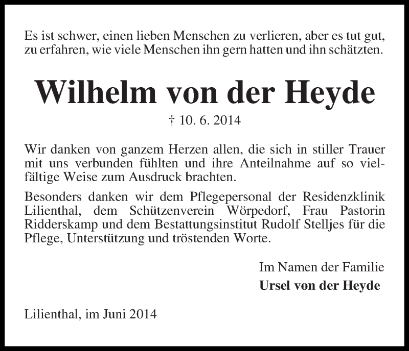 Traueranzeige von Wilhelm von der Heyde von Wuemme Zeitung