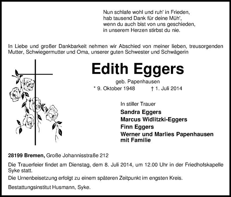 Traueranzeige von Edith Eggers von WESER-KURIER