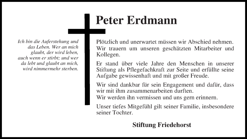 Traueranzeige von Peter Erdmann von Die Norddeutsche
