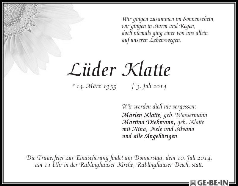 Traueranzeige von Lüder Klatte von WESER-KURIER