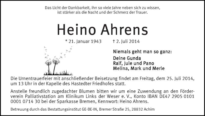 Traueranzeige von Heino Ahrens von WESER-KURIER