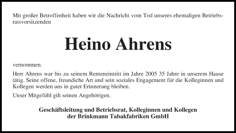 Traueranzeige von Heino Ahrens von WESER-KURIER