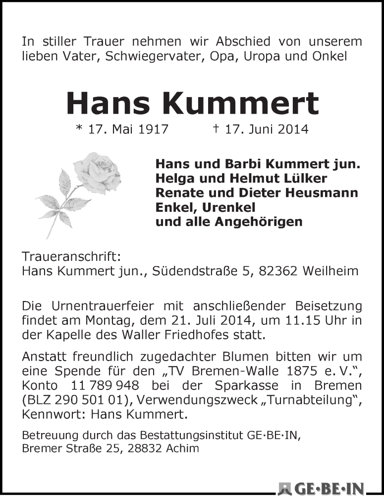 Traueranzeige von Hans Kummert von WESER-KURIER