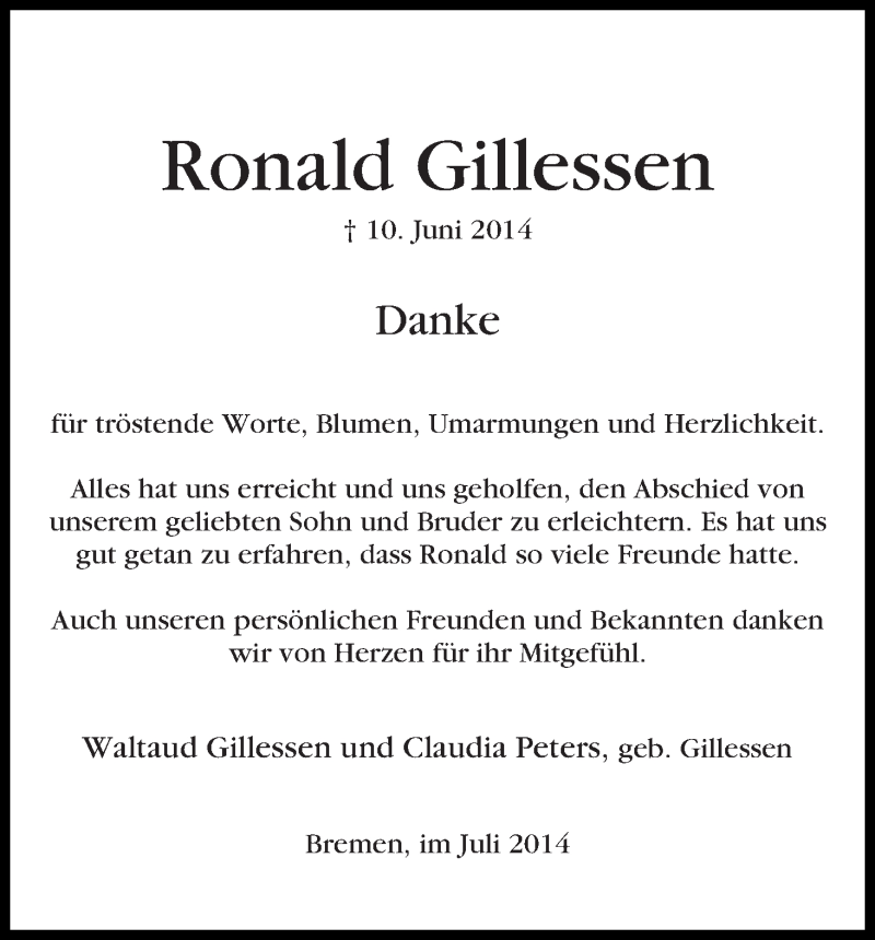 Traueranzeige von Ronald Gillessen von WESER-KURIER