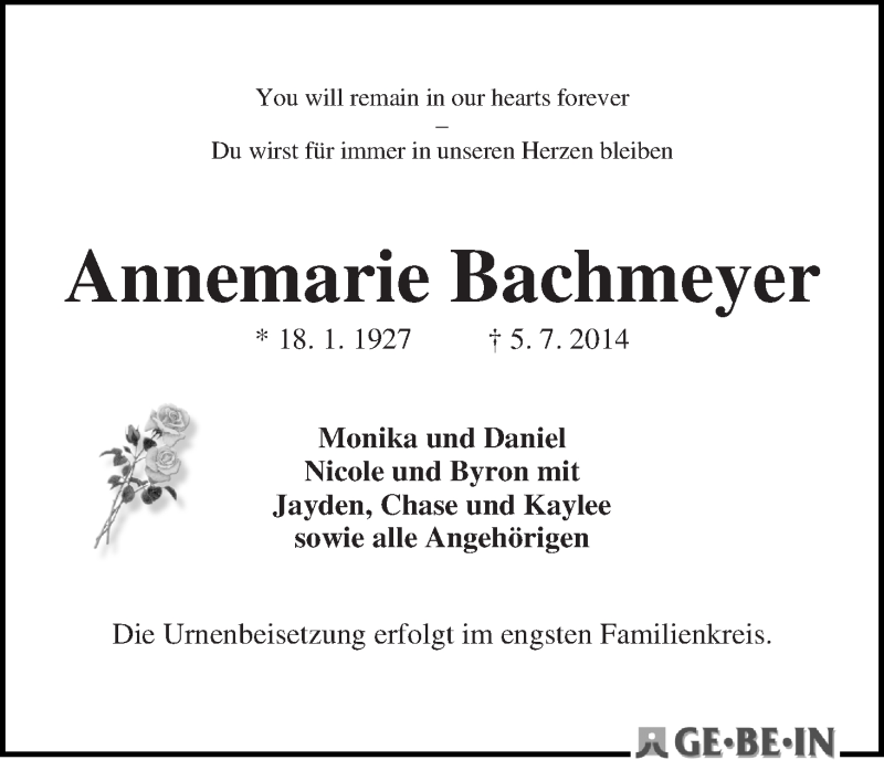 Traueranzeige von Annemarie Bachmeyer von WESER-KURIER
