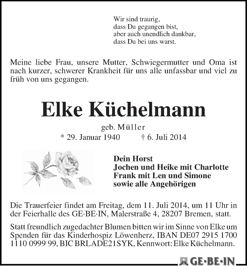 Traueranzeige von Elke Küchelmann von WESER-KURIER