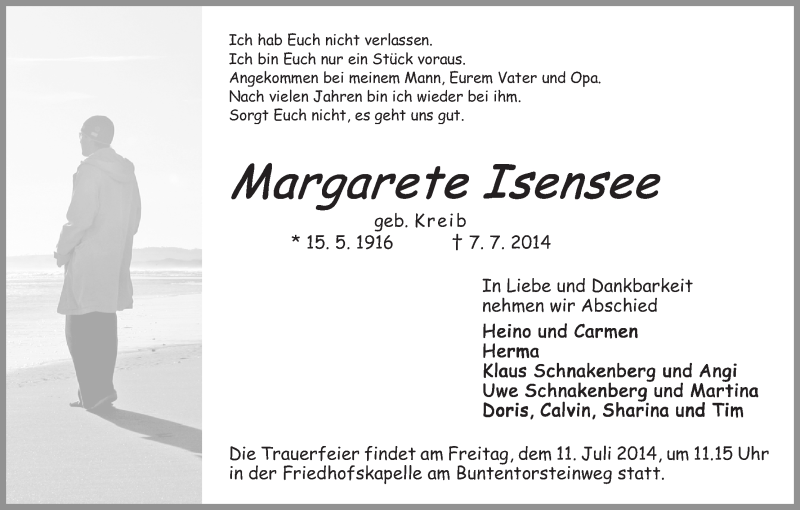 Traueranzeige von Margarete Isensee von WESER-KURIER