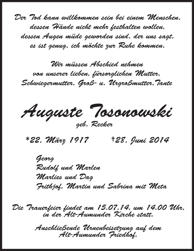 Traueranzeige von Auguste Tosonowski von Die Norddeutsche