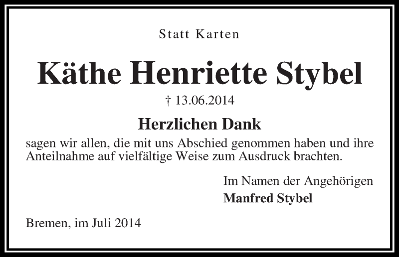 Traueranzeige von Käthe Henriette Stybel von WESER-KURIER