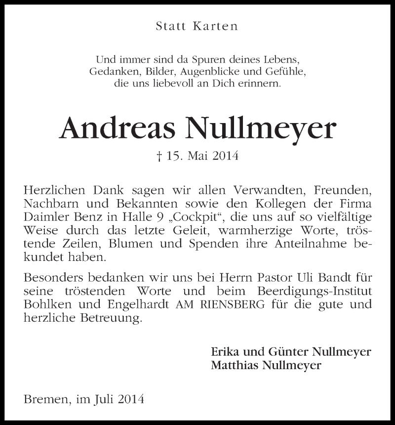 Traueranzeige von Andreas Nullmeyer von WESER-KURIER