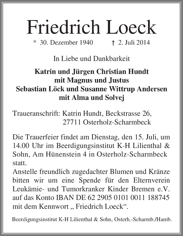 Traueranzeige von Friedrich Loeck von Osterholzer Kreisblatt