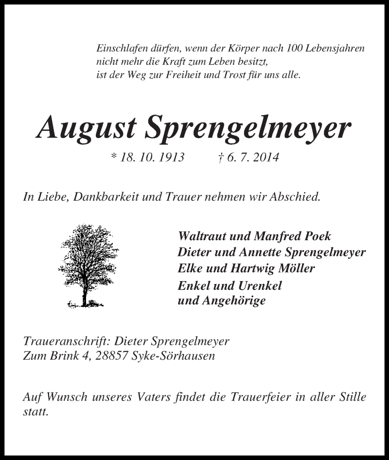 Traueranzeige von August Sprengelmeyer von WESER-KURIER