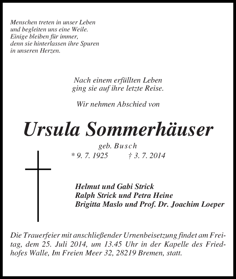 Traueranzeige von Ursula Sommerhäuser von WESER-KURIER