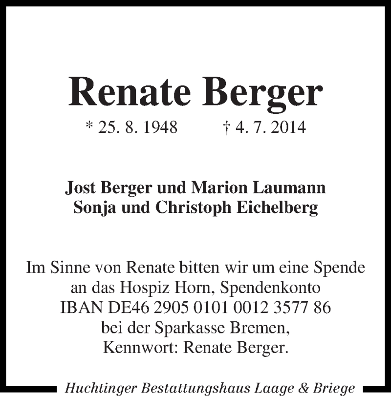 Traueranzeige von Renate Berger von WESER-KURIER