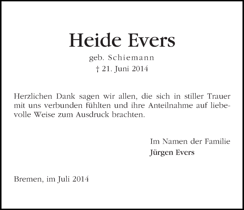 Traueranzeige von Heide Evers von WESER-KURIER