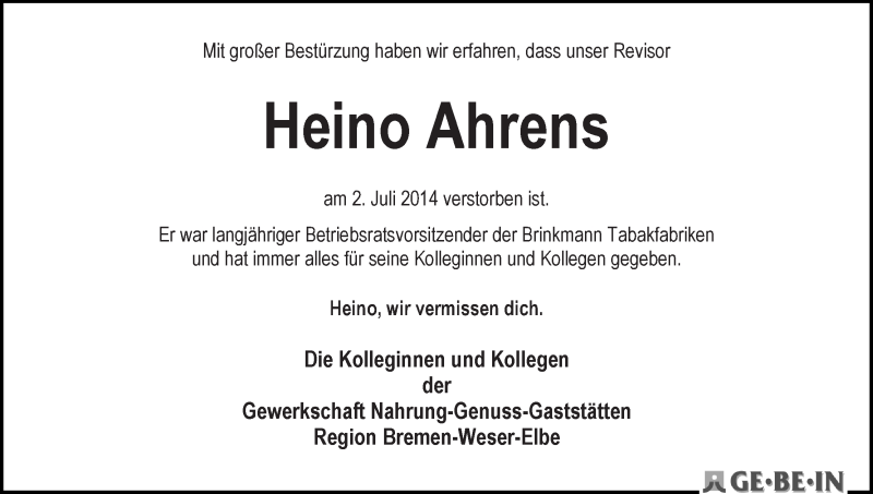 Traueranzeige von Heino Ahrens von WESER-KURIER