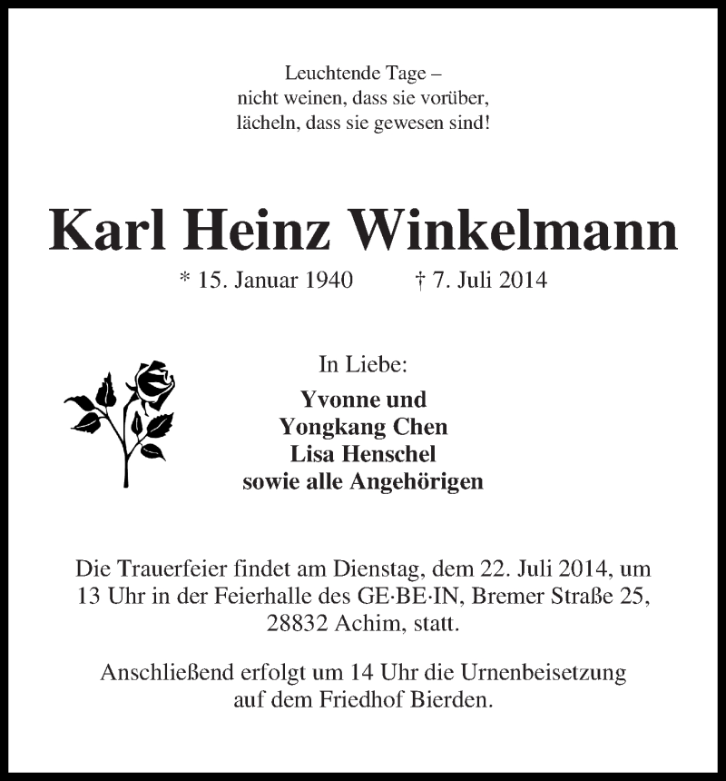 Traueranzeige von Karl Heinz Winkelmann von WESER-KURIER