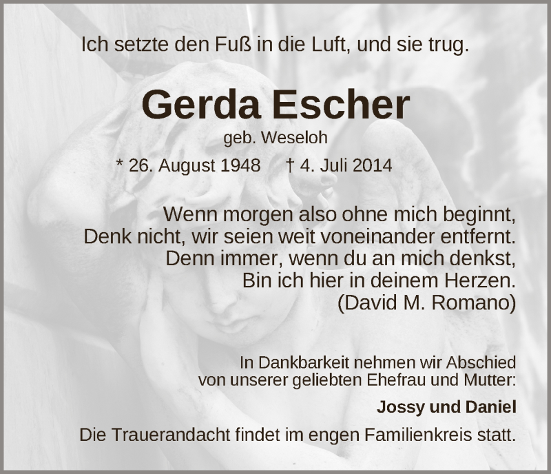 Traueranzeige von Gerda Escher von WESER-KURIER