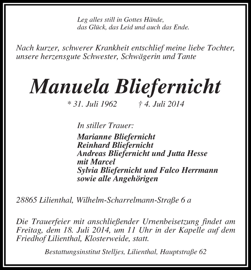 Traueranzeige von Manuela Bliefernicht von Wuemme Zeitung