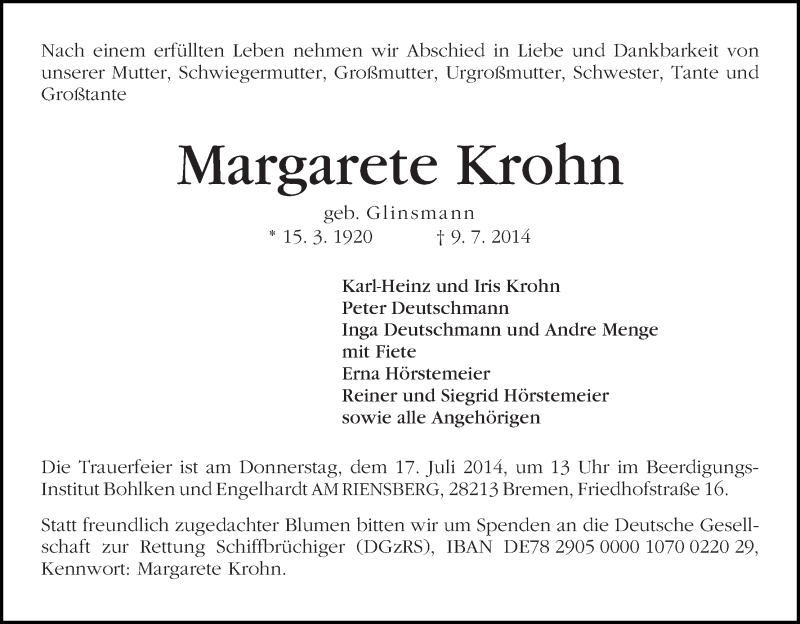 Traueranzeige von Margarete Krohn von WESER-KURIER