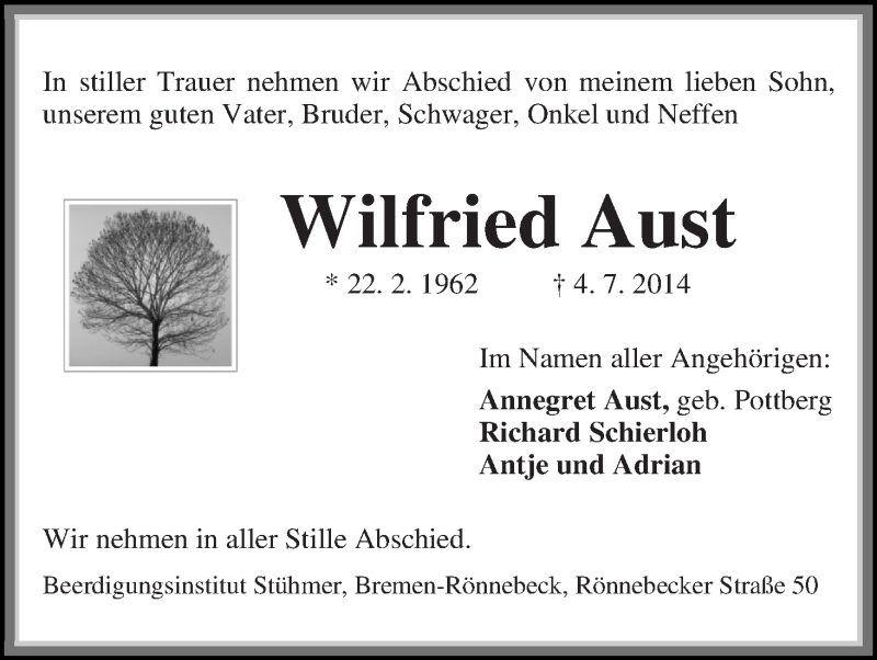 Traueranzeige von Wilfried Aust von Die Norddeutsche