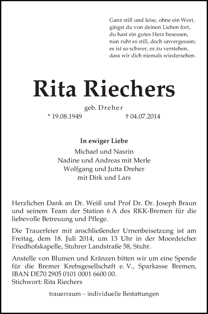 Traueranzeige von Rita Riechers von WESER-KURIER