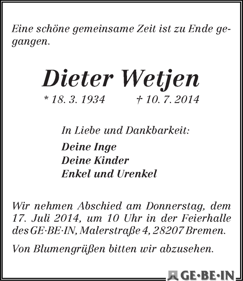 Traueranzeige von Dieter Wetjen von WESER-KURIER