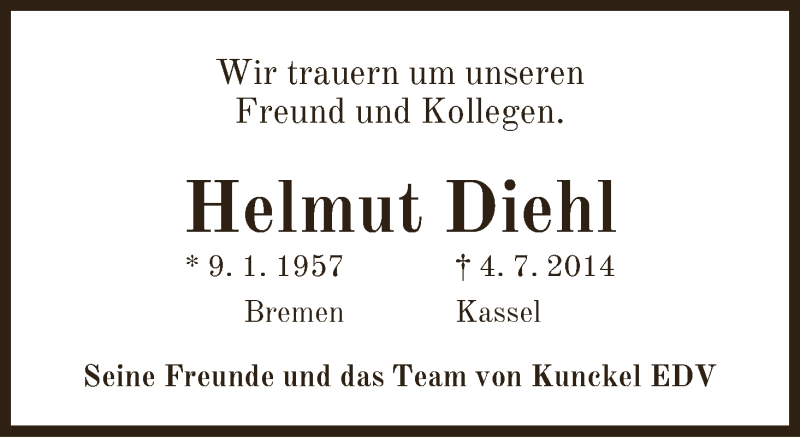 Traueranzeige von Helmut Diehl von WESER-KURIER