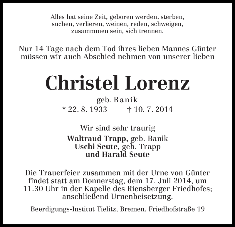 Traueranzeige von Christel Lorenz von WESER-KURIER
