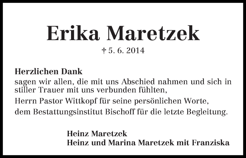 Traueranzeige von Erika Maretzek von Die Norddeutsche