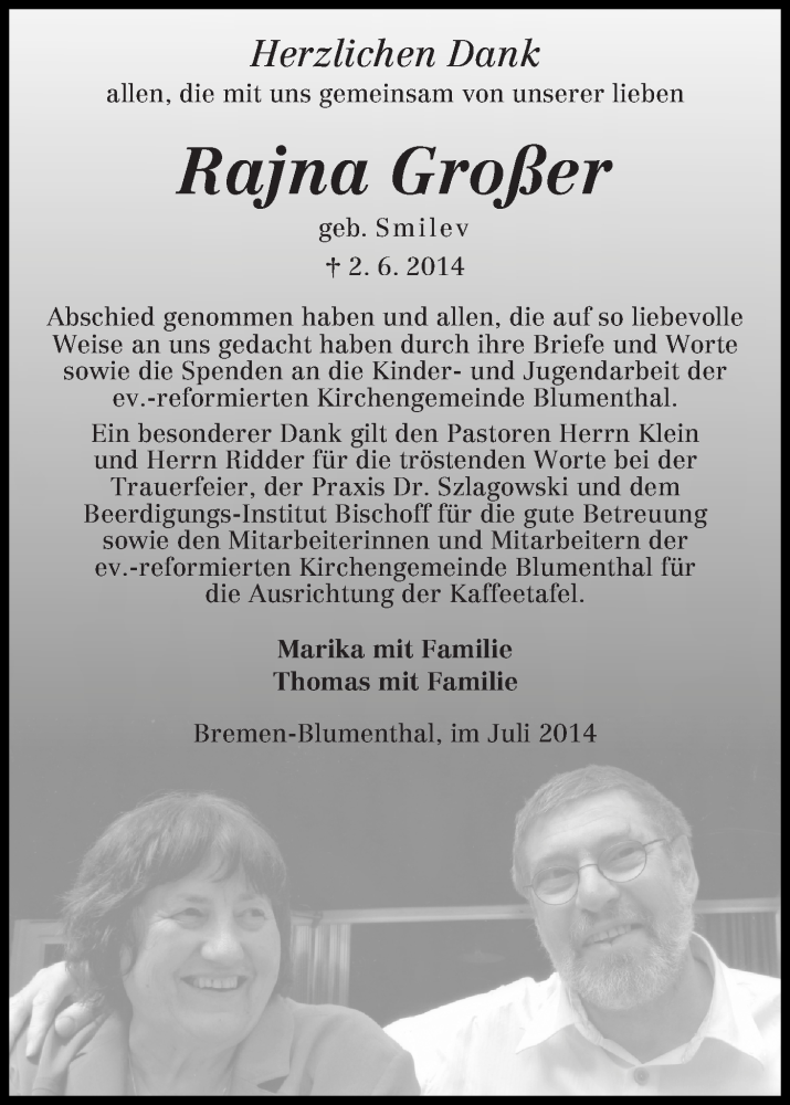Traueranzeige von Rajna Großer von Die Norddeutsche