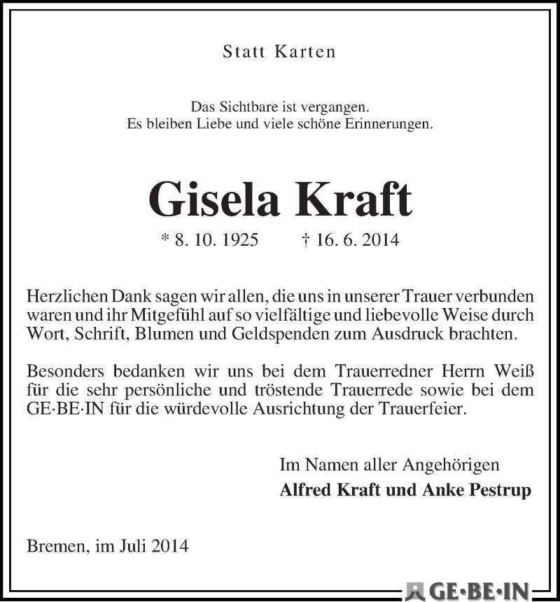 Traueranzeige von Gisela Kraft von WESER-KURIER
