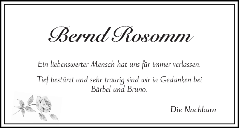 Traueranzeige von Bernd Rosomm von Wuemme Zeitung