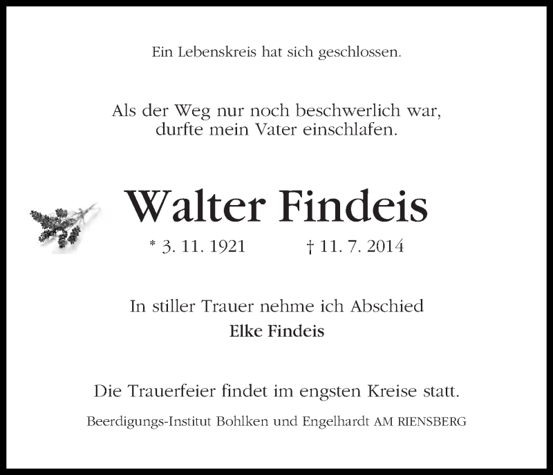 Traueranzeige von Walter Findeis von WESER-KURIER