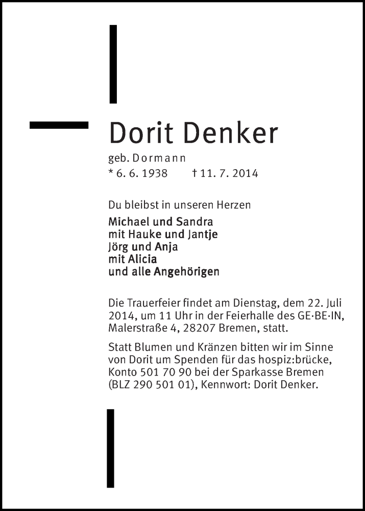 Traueranzeige von Dorit Denker von WESER-KURIER
