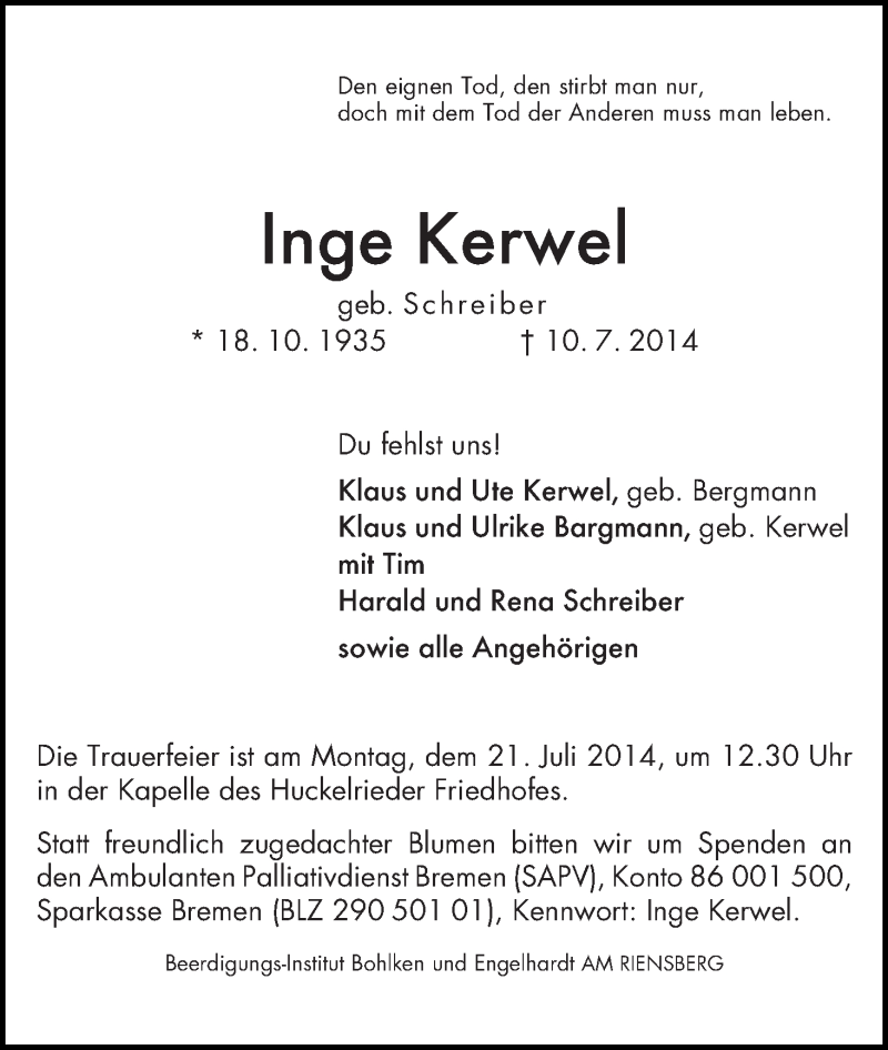 Traueranzeige von Inge Kerwel von WESER-KURIER
