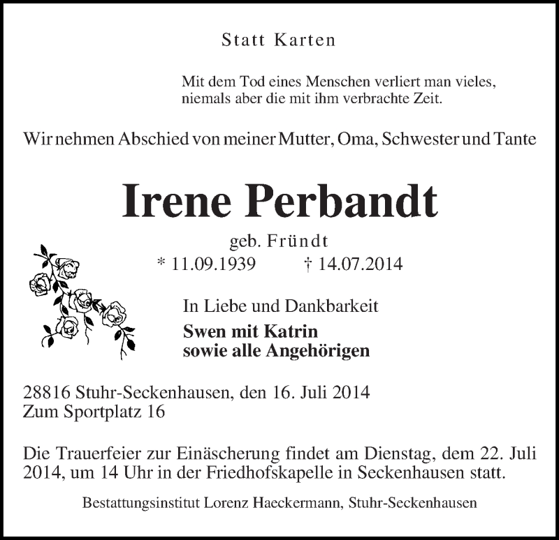 Traueranzeige von Irene Perbandt von WESER-KURIER
