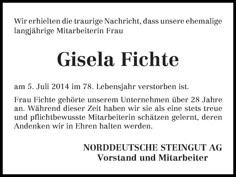 Traueranzeige von Gisela Fichte von Die Norddeutsche