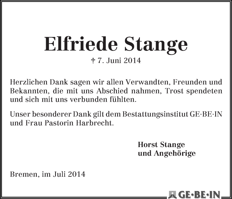Traueranzeige von Elfriede Stange von WESER-KURIER