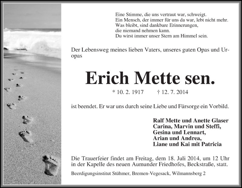 Traueranzeige von Erich Mette von Die Norddeutsche