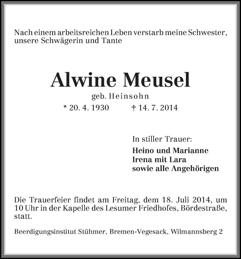 Traueranzeige von Alwine Meusel von Die Norddeutsche